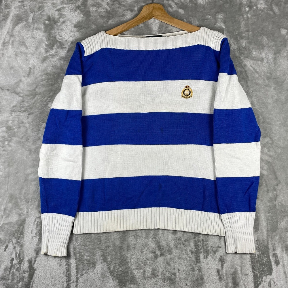 Lauren Ralph Lauren Sweater Womens L Blue White Striped Boat Neck Crest Nautical